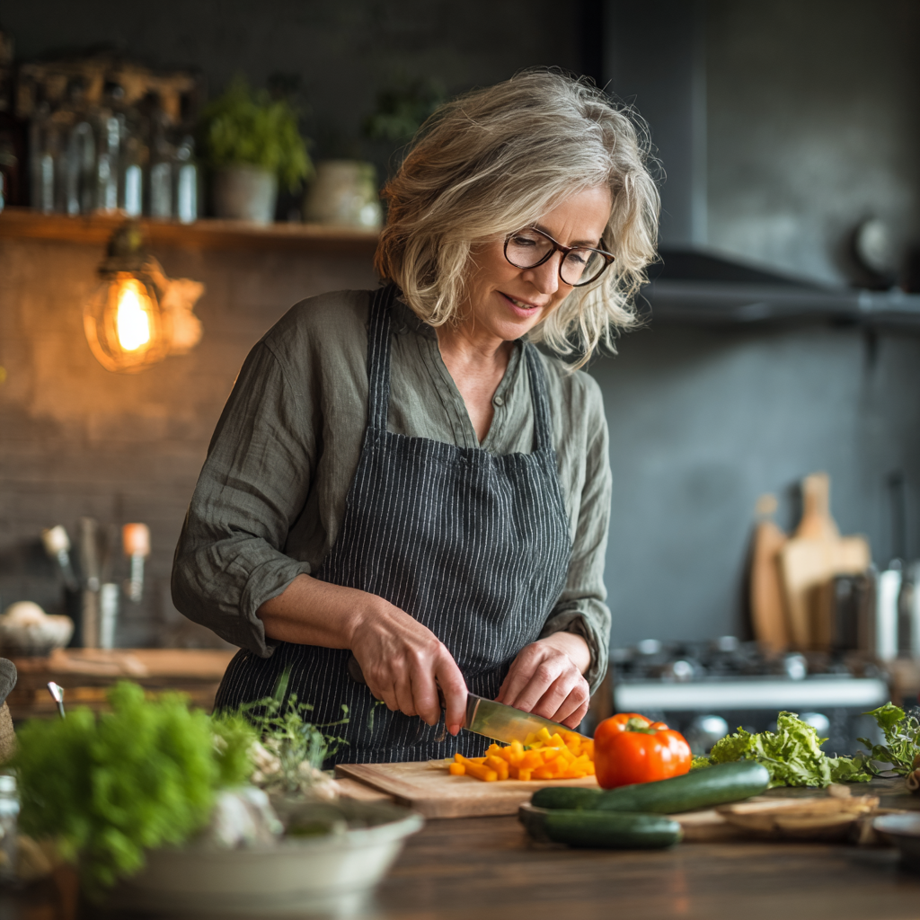 Middle-aged woman preparing fresh vegetables in modern kitchen