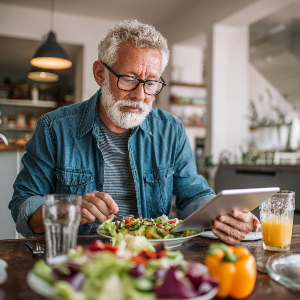 Senior man consulting nutrition plan on tablet while eating healthy salad